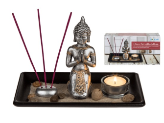 Buddha auf Tablett 22x14cm mit Teelichhalter 3 R&#228;ucherst&#228;bchen Dekosteine Dekosand in Geschenkbox