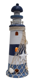 Dekoleuchturm mit LED und Fischernetz weis blau MDF 9.5x9.5x25cm