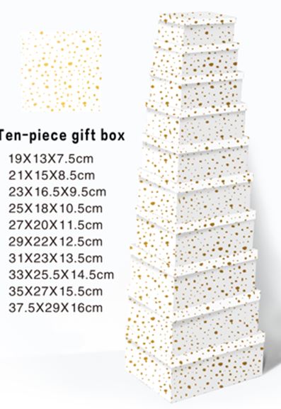 Geschenkboxen 10er Set 19x13x7.5cm bis 37.5x29x16cm weiss mit Goldnuggets