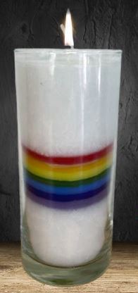 CHAKRAKERZE weiss mit Regenbogen H&#246;he 14cm 100% pflanzlich 535g Brenndauer 60 Stunden