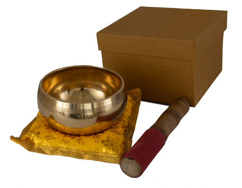 Klangschale 10cm hell mit Schlegel und Kissen in Geschenkbox INDIEN
