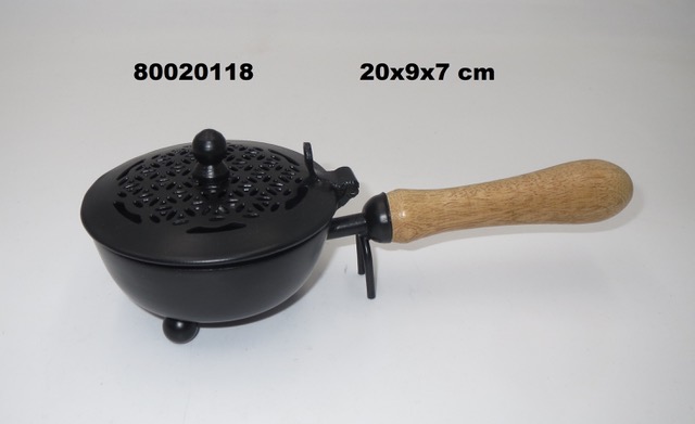 R Räuchergefäss Metall mit Holzgriff 20x9x7cm INDIEN
