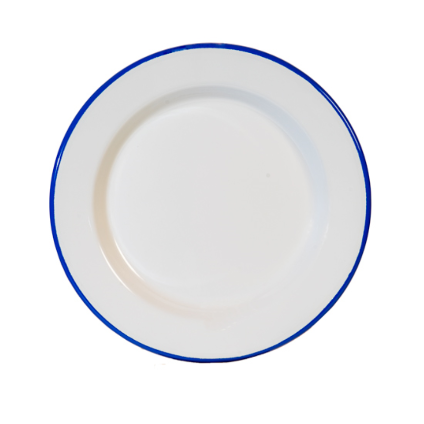 Emaille weiss mit blauem Rand Teller flach D24cm H2.5cm