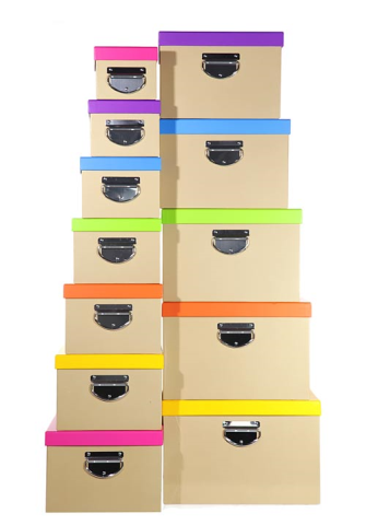 Geschenkboxen 12erSet Natur mit Griff farbigem Deckel 12,5x10x20 bis 32,5x21x40cm