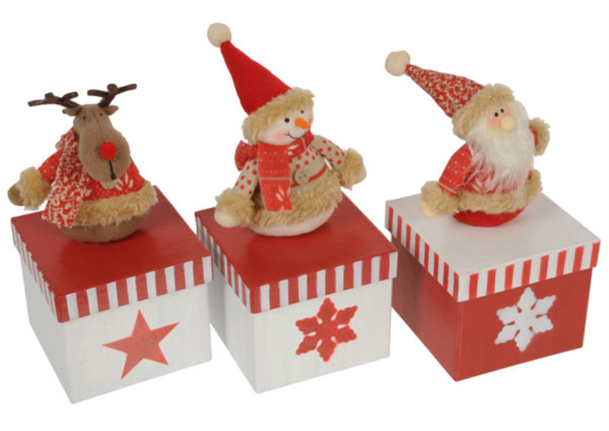 Geschenkbox m. Weihnachtsfigur rot 18cm 3ass