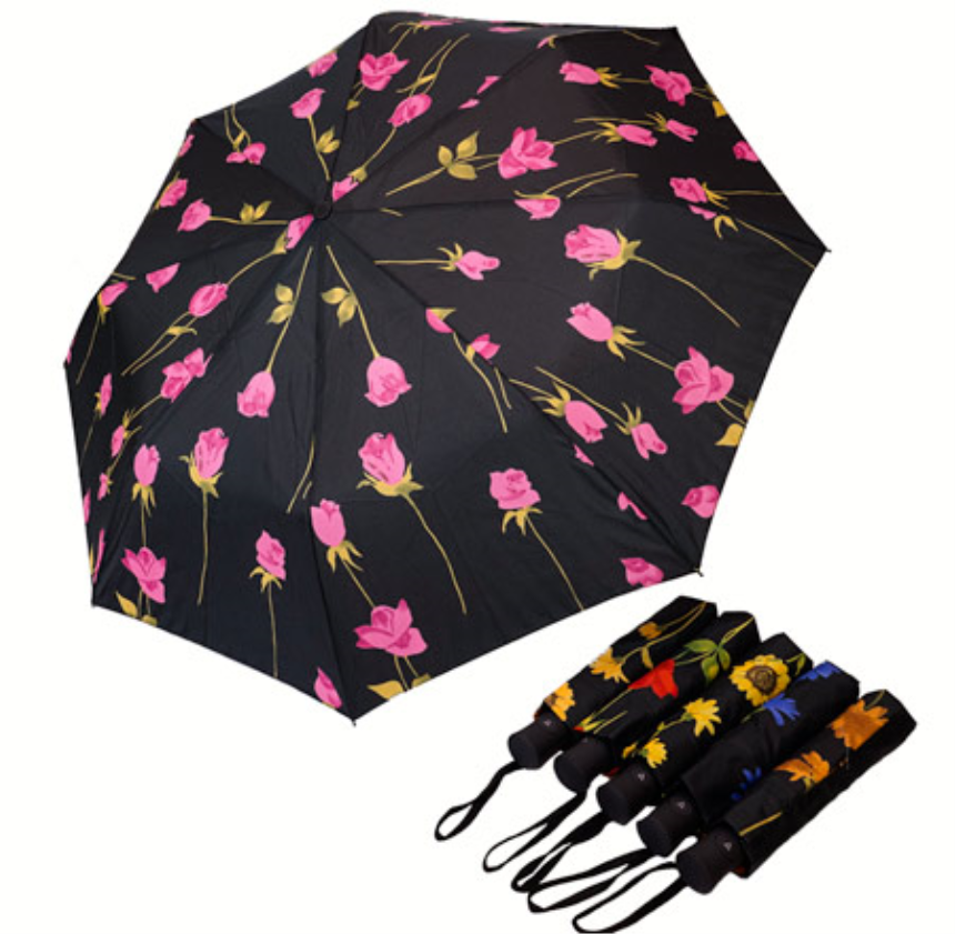 Taschenregenschirm mit Auf-Automatik gute Qualit&amp;#228;t Blumen auf schwarz 6ass