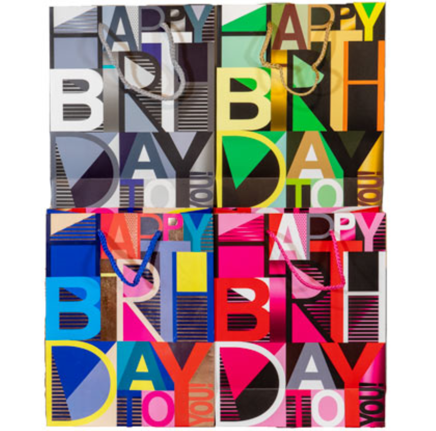 Geschenktasche 23x18x8cm Happy Birthday Bauhausstil 4ass