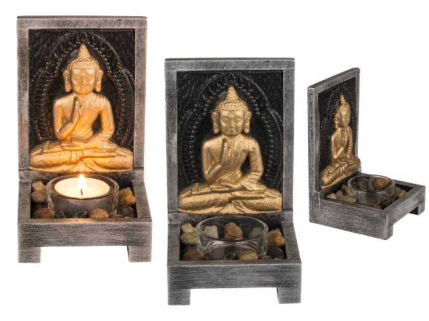 Buddha Teelichthalter mit Dekosteinen 15x9cm Holz