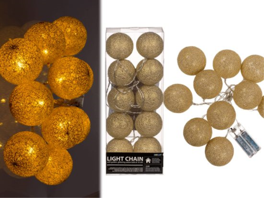 Lichterkette mit goldfarbene glitzernden Baumwollkugeln LED 6cm L&amp;#228;nge 1.5m