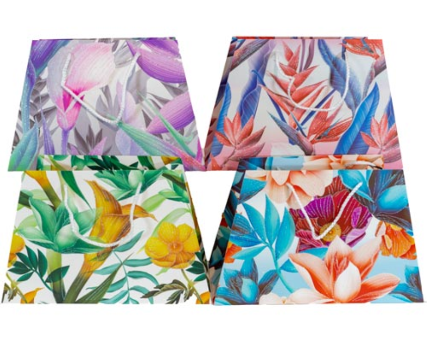 Geschenktasche 23x18cm trapezform tropische Blumen 4ass