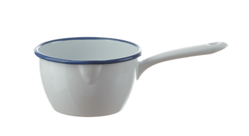 Emaille weiss mit blauem Rand Stieltopf D 14  1 Liter
