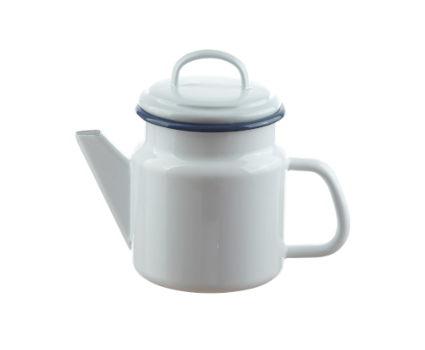 Emaille weiss mit blauem Rand Teekanne konisch mit Deckel 1 Liter