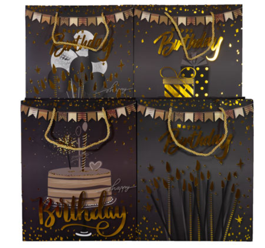 Geschenktasche 32x26x12cm Happy Birthday auf schwarz 4ass