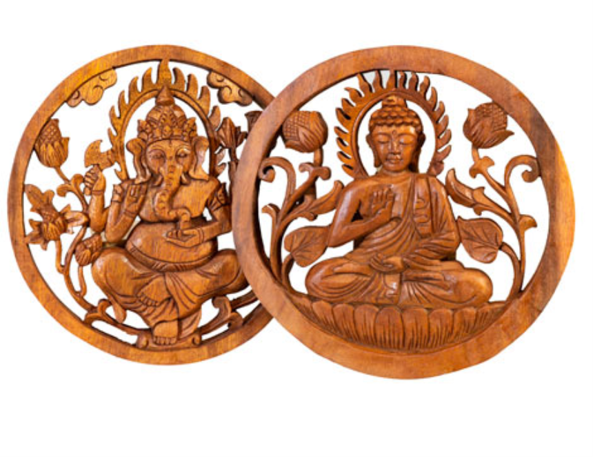 Wand Relief Ganesh und Buddha 24cm Holz, BALI
