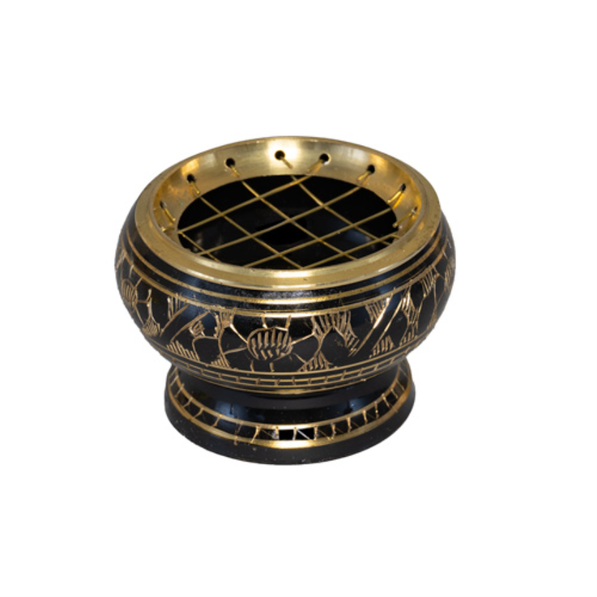 R R&amp;#228;uchergef&amp;#228;ss auf Fuss mit Metallnetz Messing schwarz verziert 6x5cm INDIEN