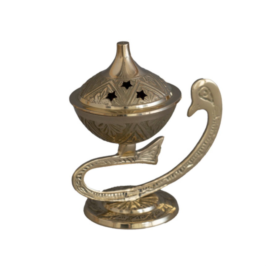 R R&amp;#228;uchergef&amp;#228;ss auf Schwanenfuss mit Deckel Messing golden 10x12cm INDIEN