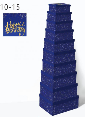 Geschenkboxen 10er Set 19x13x7.5cm bis 37.5x29x16cm Happy Birthday auf blau m. Goldnuggets