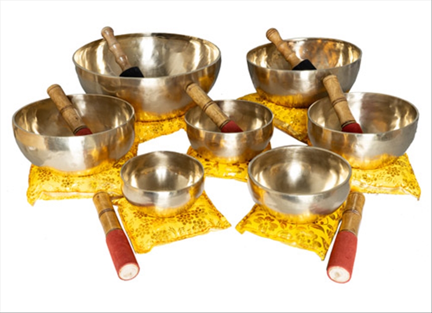 Klangschalen Set 12/14/16/18/20/24/30cm hell m. Schlegel/Kissen INDIEN 0.4/0.6/0.7/0.9/1.0/1.75/3kg