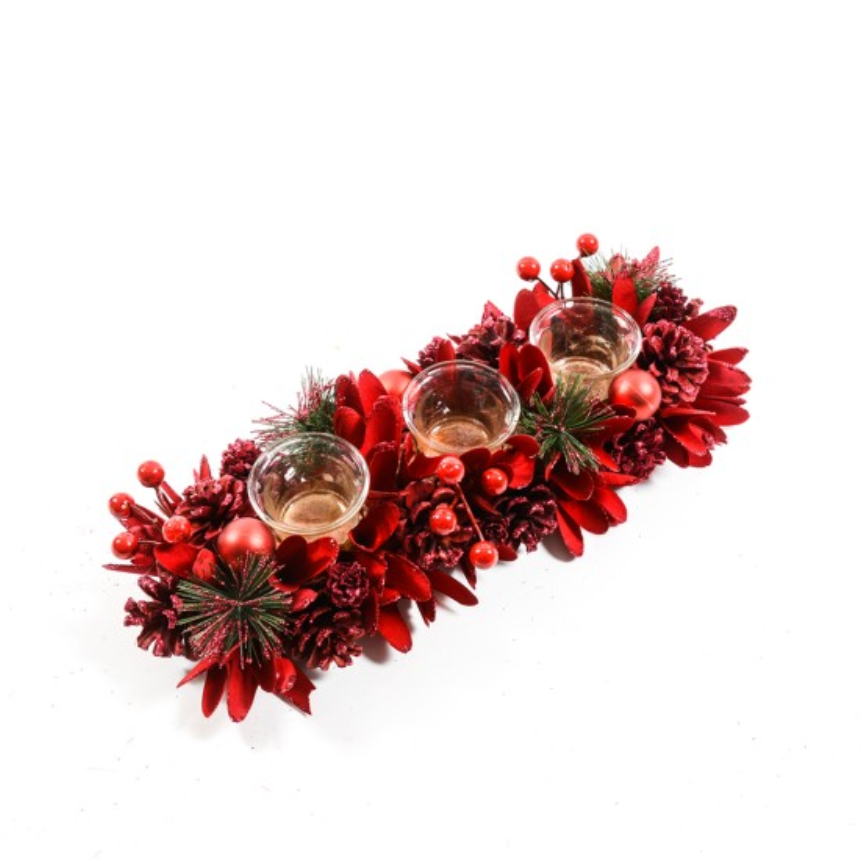 Weihnachtsgesteck f&amp;#252;r 3 Kerzen rot 38x15x9cm
