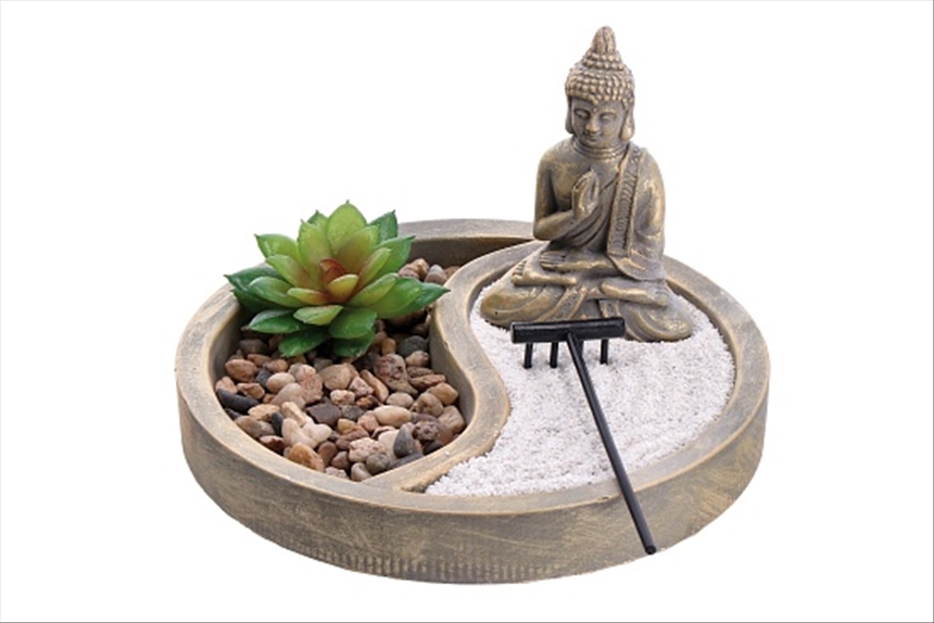 Buddha mit Zengarten rund 20x12cm Zement