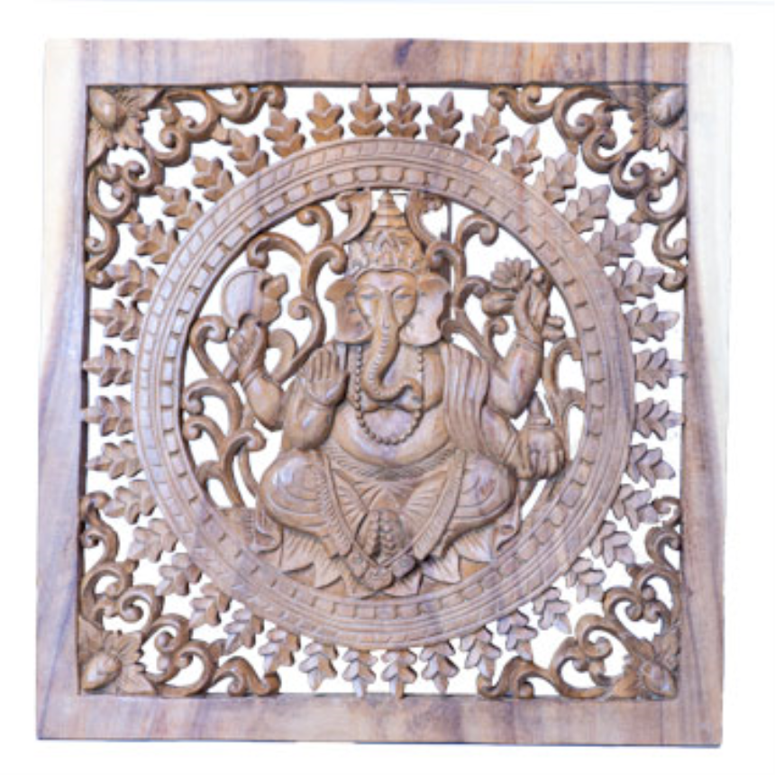 Wand Relief Ganesh quadratisch 50cm helles Holz