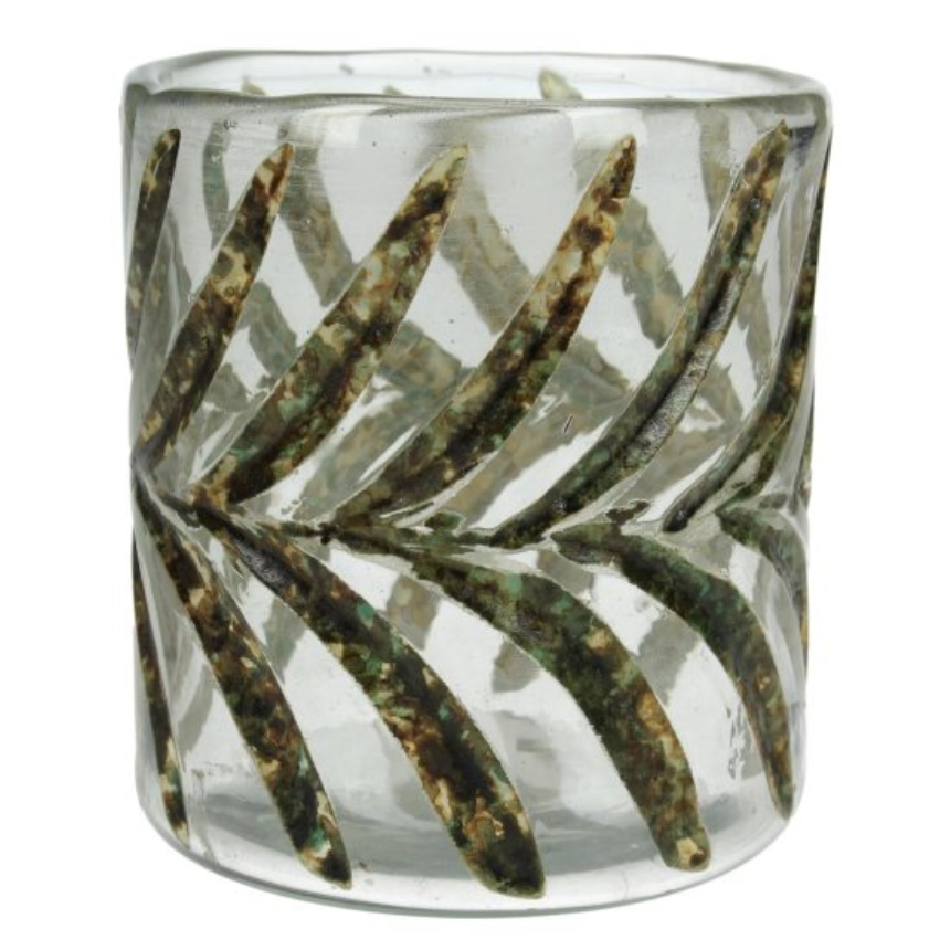 Windlicht mit Bl&amp;#228;ttermotiv 9x9x10cm Glas