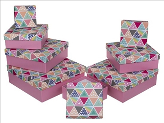 Geschenkbox rosa Dreieckmuster 8er Set grösste Box 22.5x22.5x8cm