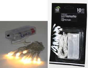 Lichterkette 10 LEDs batteriebetrieben warmweiss 10cm Abstand Kabel 50cm in Klarsichtbox