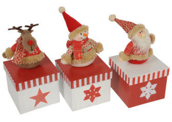 Geschenkbox m. Weihnachtsfigur rot 18cm 3ass