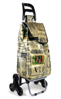Einkaufswagen mit 3 R&#228;dern f&#252;r Treppe Zeitungsmuster h100cm, Tasche 60x35x22cm
