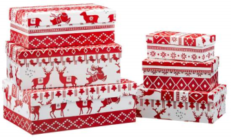 Geschenkboxen Weiss Rot mit Hirsch Xmas 6tlg quadratisch L21x12cm