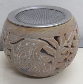 R R&#228;ucherofen mit Metallsieb Speckstein Kugelform 10x9cm INDIEN