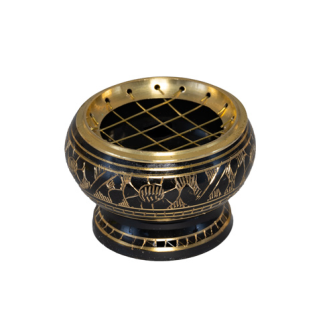 R Räuchergefäss auf Fuss mit Metallnetz Messing schwarz verziert 6x5cm INDIEN