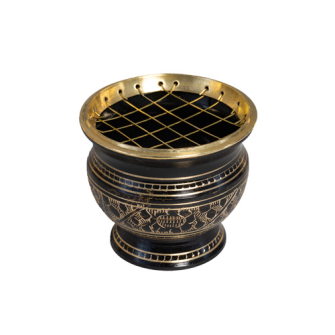 R Räuchergefäss auf Fuss mit Metallnetz Messing schwarz graviert 7x7.5cm INDIEN