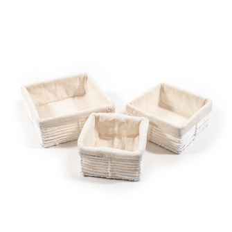 Korb 3er Set mit Stoff weiss 26x26cm10cm Papier/Metall