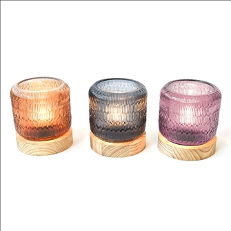 Lampe Glas auf Holzsockel mit Gl&#252;hbirne 3ass 13x14.5cm Batterie nicht inkl.