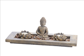 Buddha mit Zengarten und 2 Lotus 40x14x12cm Zement