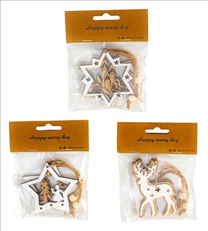 Baumschmuck Sterne/Reh 3ass 2er Set 7x5.5cm Holz