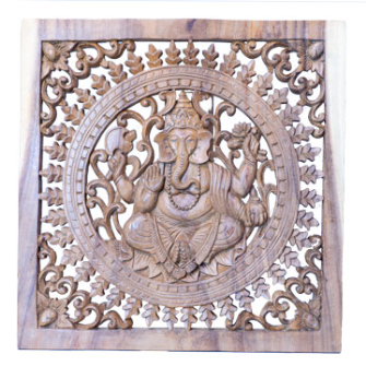 Wand Relief Ganesh quadratisch 50cm helles Holz