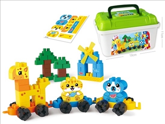 Baustein Set Zug und Tiere in Kunststoff Box 19x14x11cm